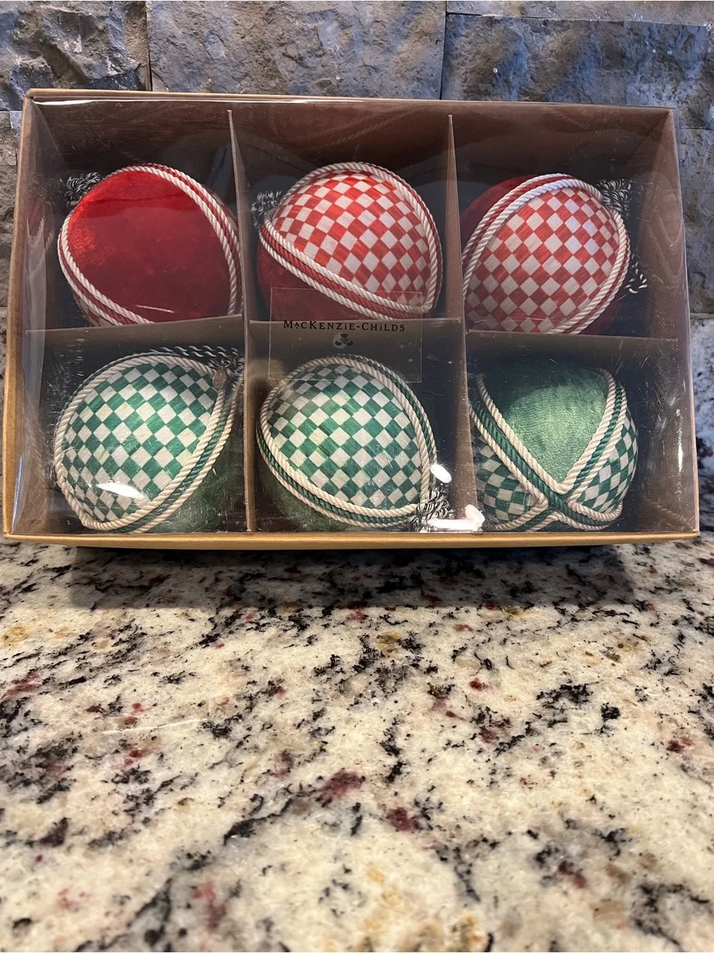 Mackenzie-Childs Check It Out Patchwork Fabric Ornaments, Set of 6. NIB!